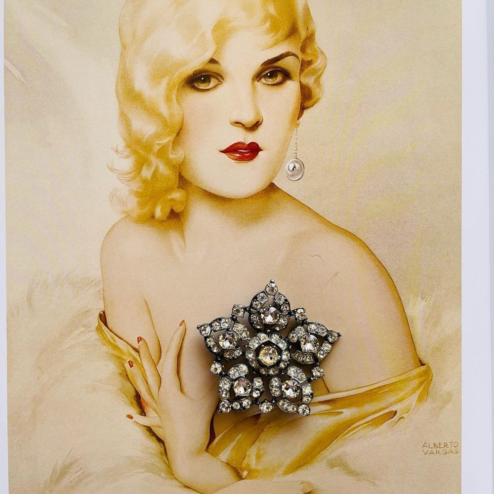 ♥️ Large ❄️ snowflake rhinestone brooch, true vintage antique Art Deco 1940s